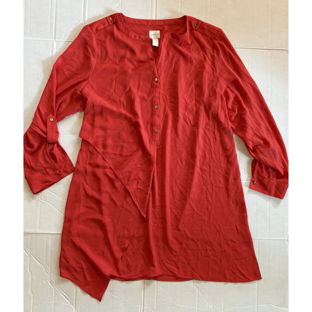 Chico’s 2 Red Asymmetrical Hem Popover Tunic 3/4 Button Down Roll Sleeve